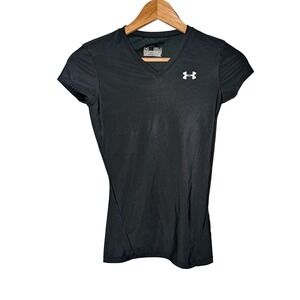 Under Armour Womens HeatGear Compression Shirt Black V-Neck Short Sleeve SM